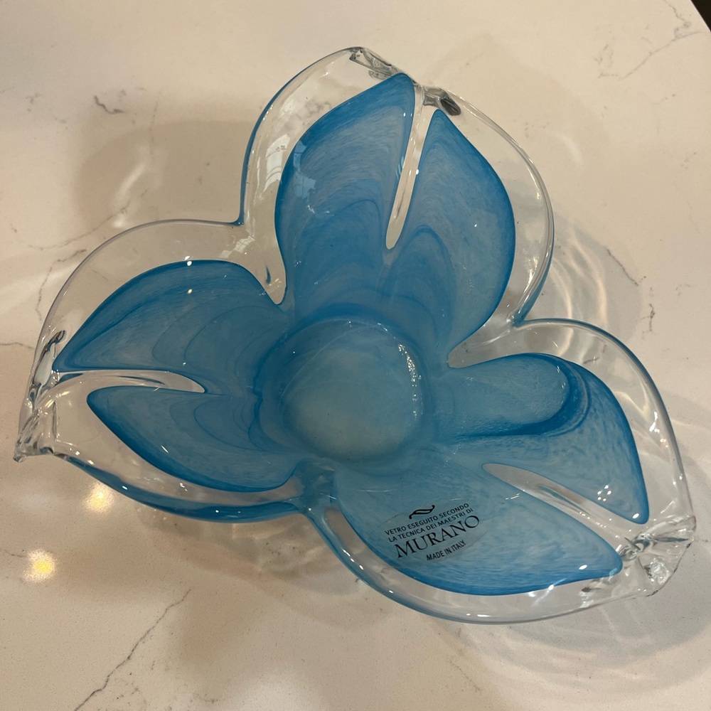 Murano Blue Swirl Glass Floral Dish
